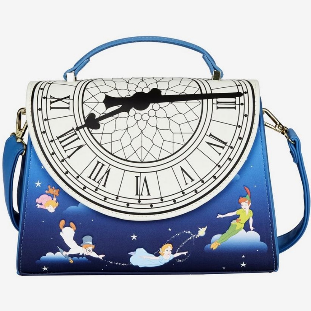 LOUNGEFLY PETER PAN CLOCK GLOW IN THE DARK CROSSBODY BAG